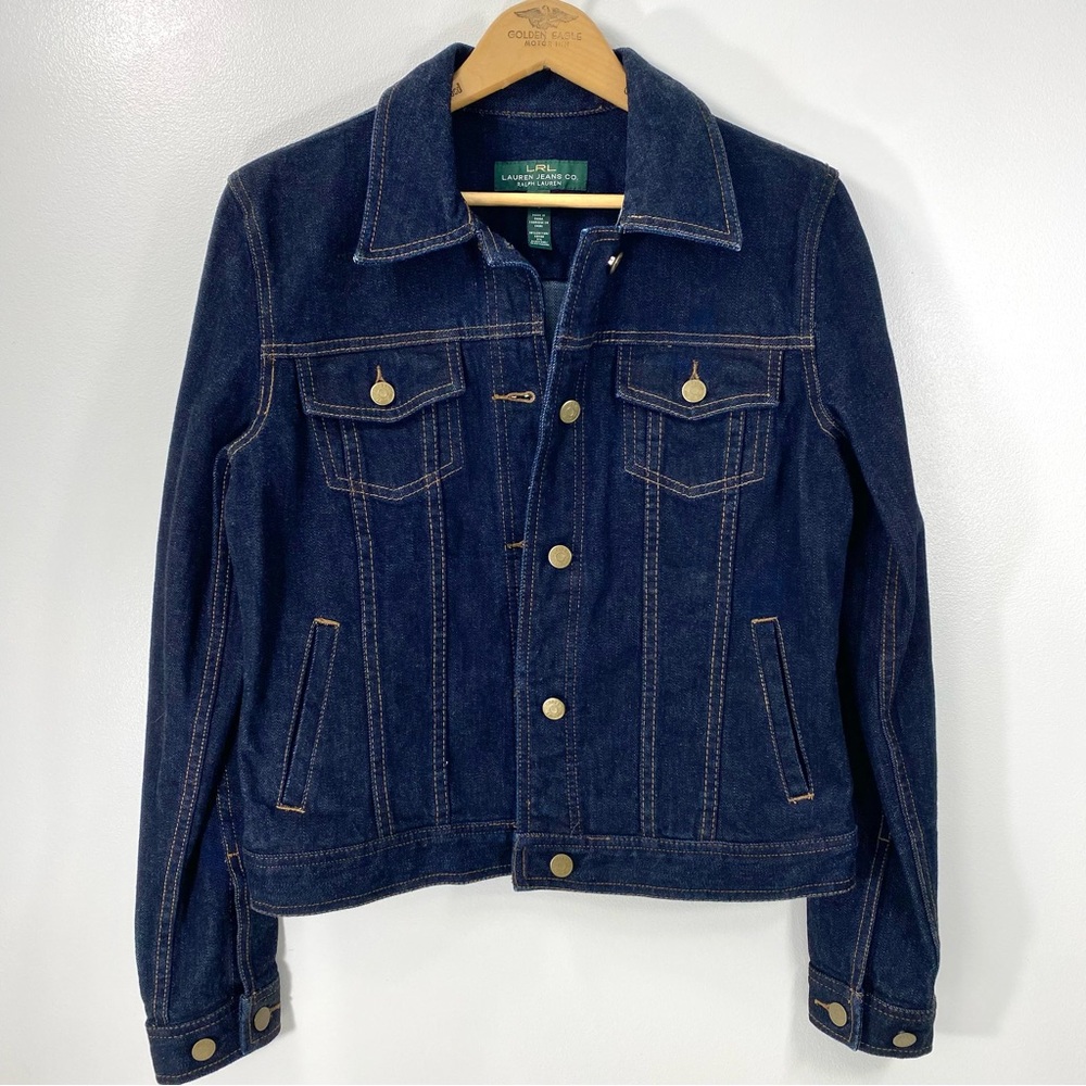 LRL Ralph Lauren Jeans Co Trucker Dark Wash Blue Denim Jean Jacket + Stretch S